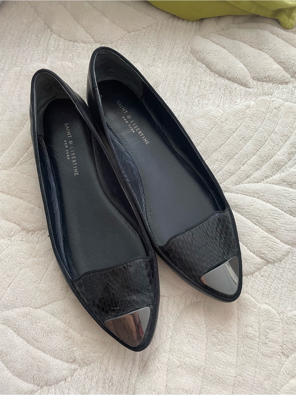 Black Pointed Toe Flats with Metallic Cap